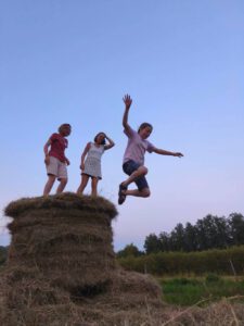 Kind springt von Heuballen ins Heu